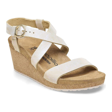 Papillio Sibyl Leather Wedge Adjustable Sandal in Metallic Silver with the all day Comfort of a Birkenstock