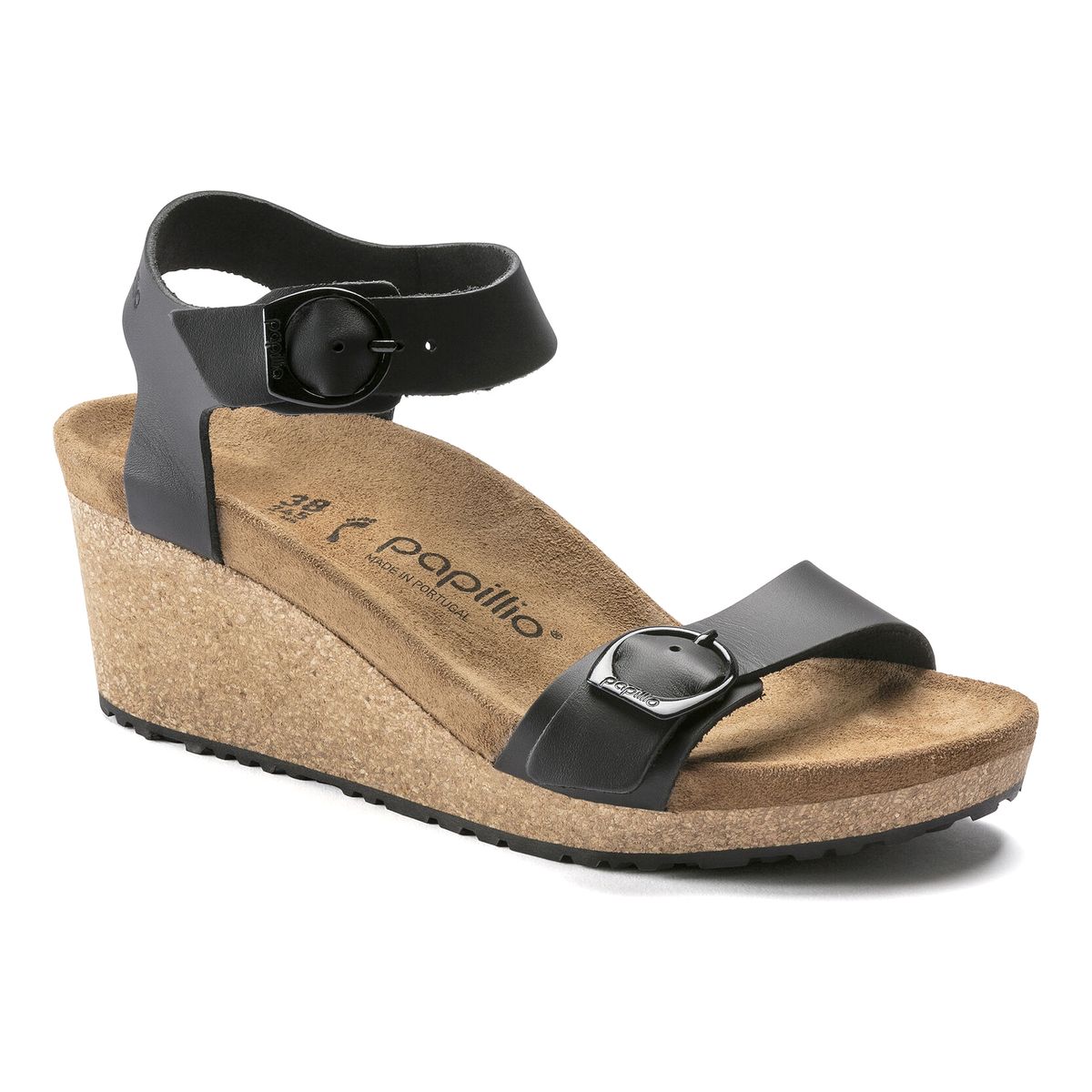 Papillio Soley Adjustable Strap Leather Wedge Sandal in black with built in arch support for all day comfort. 