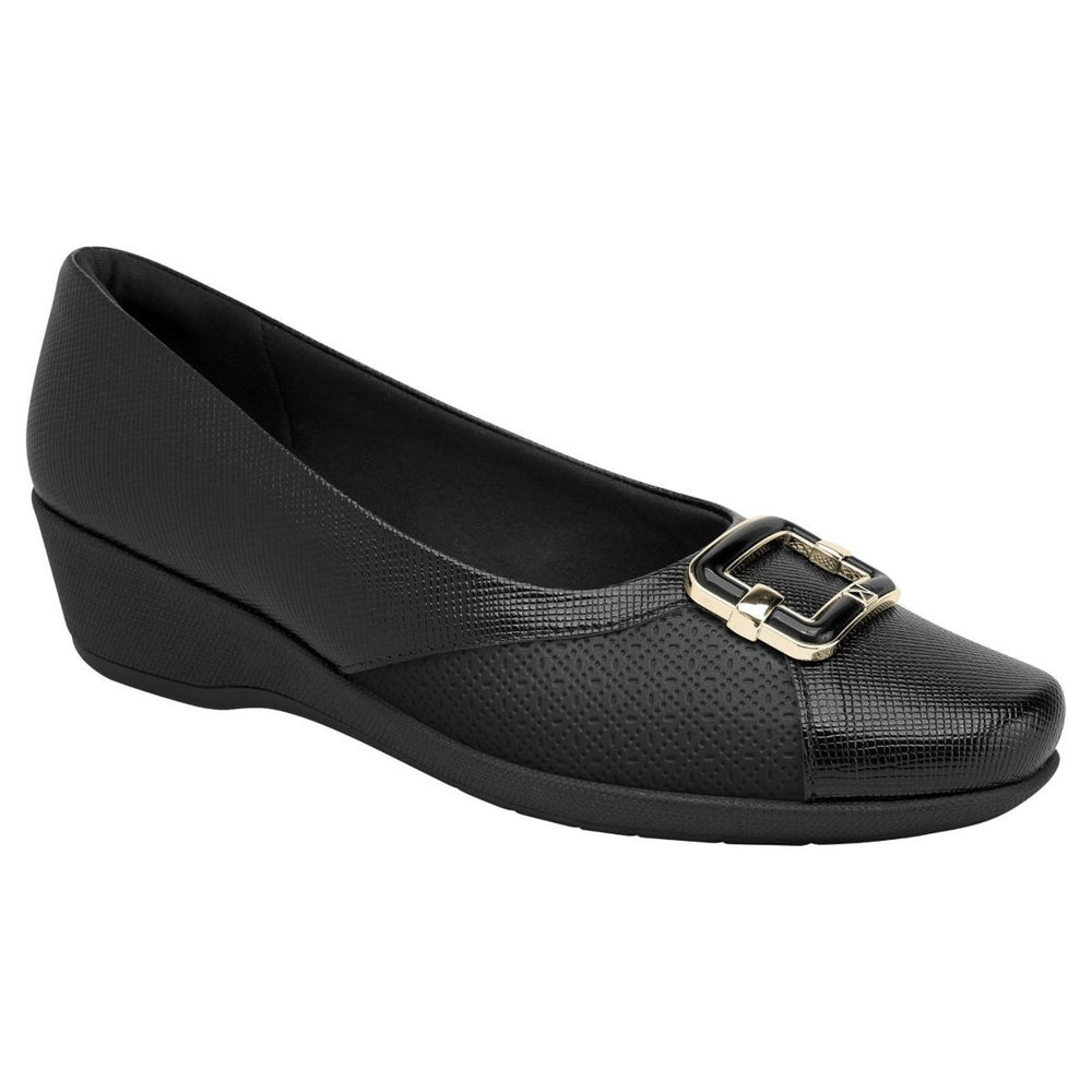 Piccadilly black textured slip-on dress shoe featuring a gold decorative buckle, snake-pattern toe cap, and low wedge heel. Style #143248L.