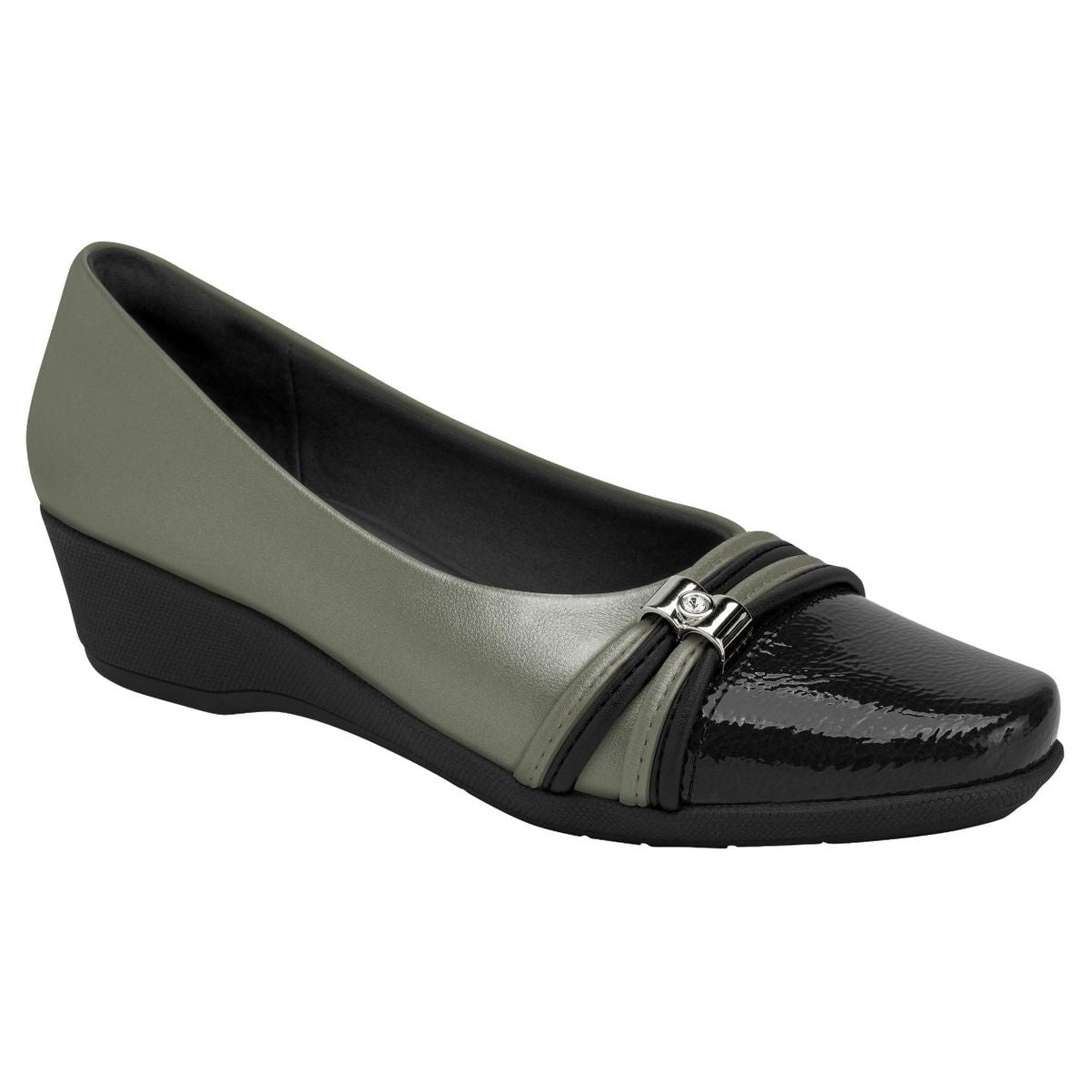 Piccadilly pewter slip-on wedge shoe with black patent toe cap, strap embellishment, and metallic clip. Style #143253A.