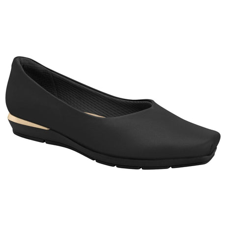 Piccadilly smooth black slip-on dress shoe featuring metallic gold heel accent and a low wedge sole. Style #147191N