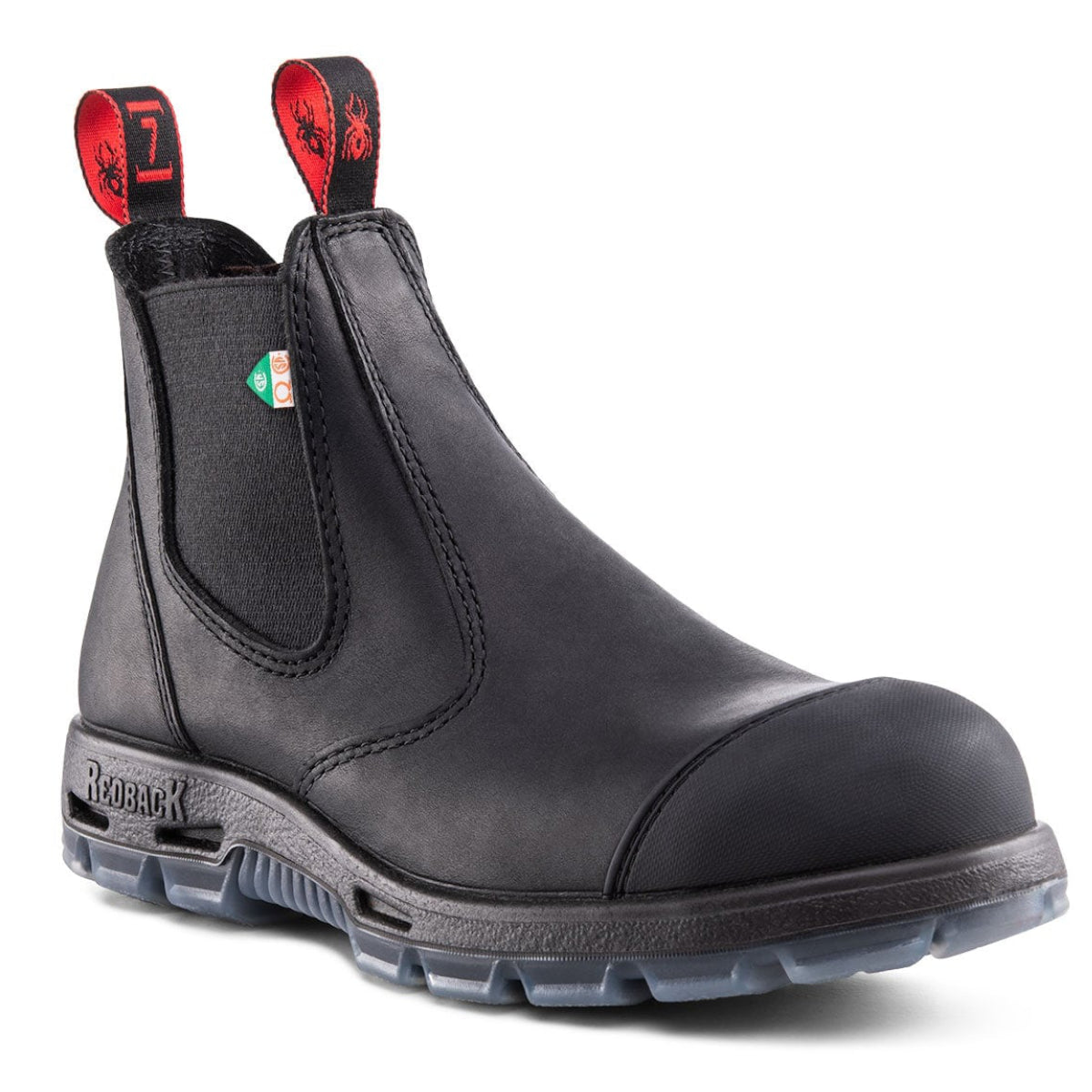 Redback black leather CSA steel toe work boot with protective scuff cap and red spider pull tabs. Style #PSBBKS