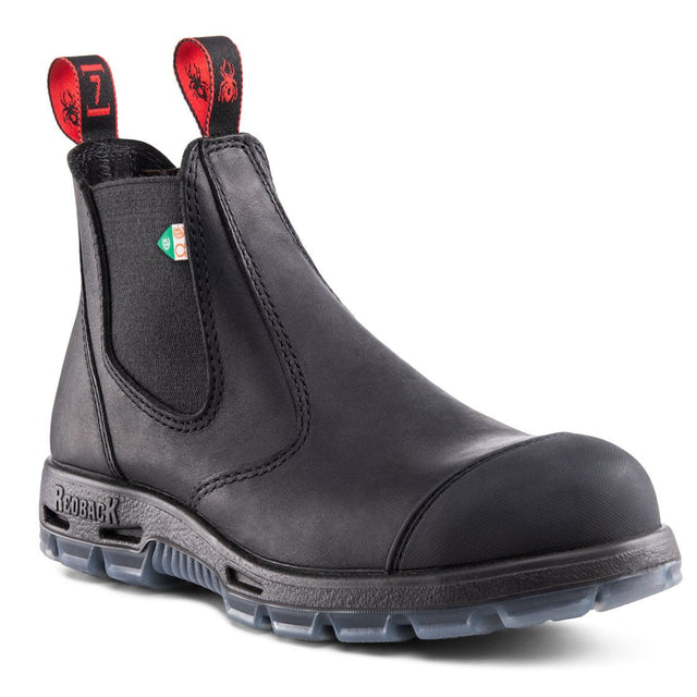 Redback black leather CSA steel toe work boot with protective scuff cap and red spider pull tabs. Style #PSBBKS