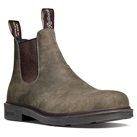 Redback iron bark brown leather slip-on Chelsea boot with brown elastic side gores and dual pull tabs.