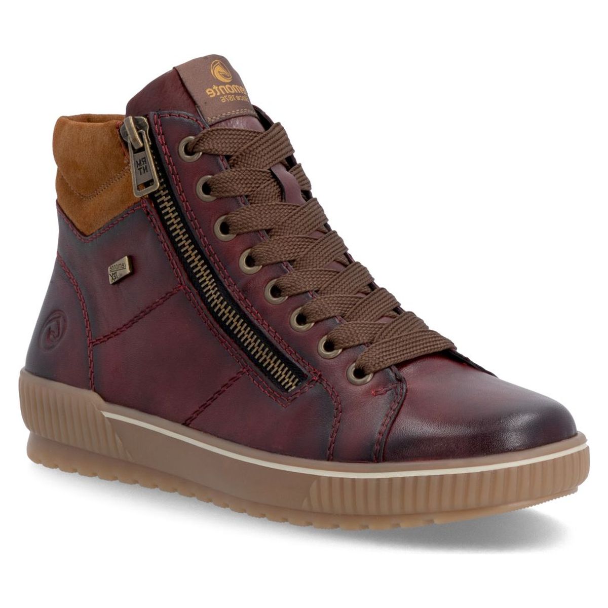 Remonte women's wine red leather high-top sneaker boot with side zipper, brown laces, and tan rubber sole. Style #D0772-37