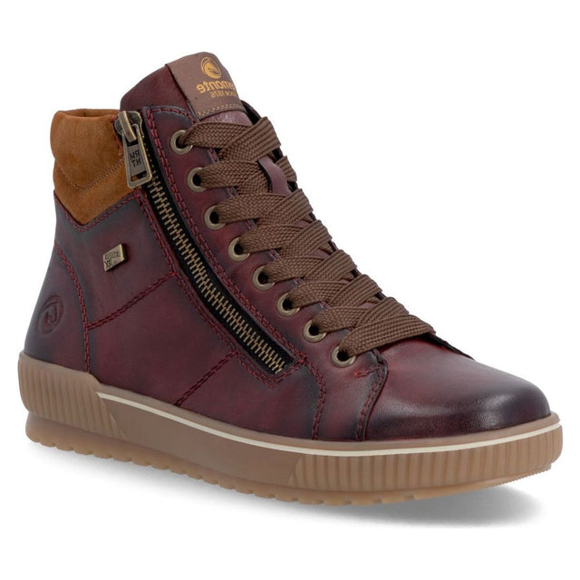 Remonte women's wine red leather high-top sneaker boot with side zipper, brown laces, and tan rubber sole. Style #D0772-37