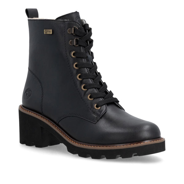 Remonte black leather lace-up ankle boot with speed hooks, pull tab, warm lining, and chunky block heel. Style #D0A81-03