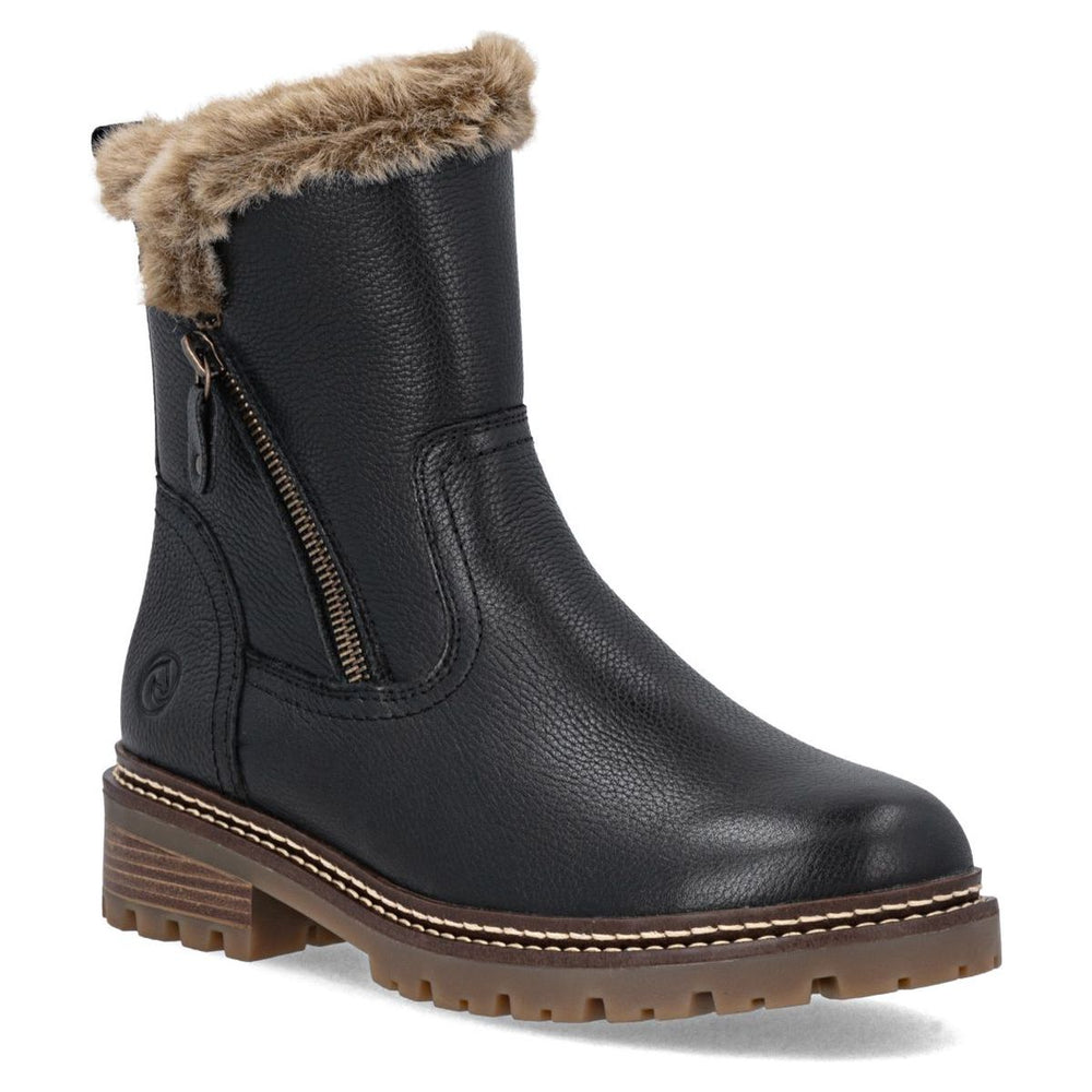 Remonte black leather mid-height boot with faux fur trim, side zipper, contrast stitching, and lug sole. Style #D0B83-03