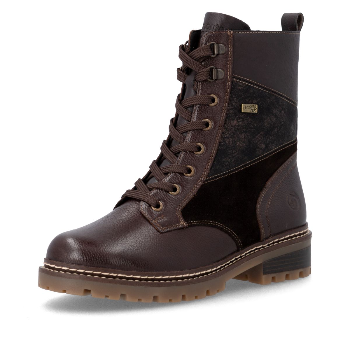 Remonte brown leather mid-height boot featuring textured panels, front laces, pull tab, and low block heel. Style #D0B84-25