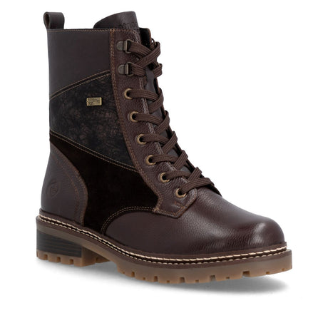Remonte brown leather mid-height boot featuring textured panels, front laces, pull tab, and low block heel. Style #D0B84-25