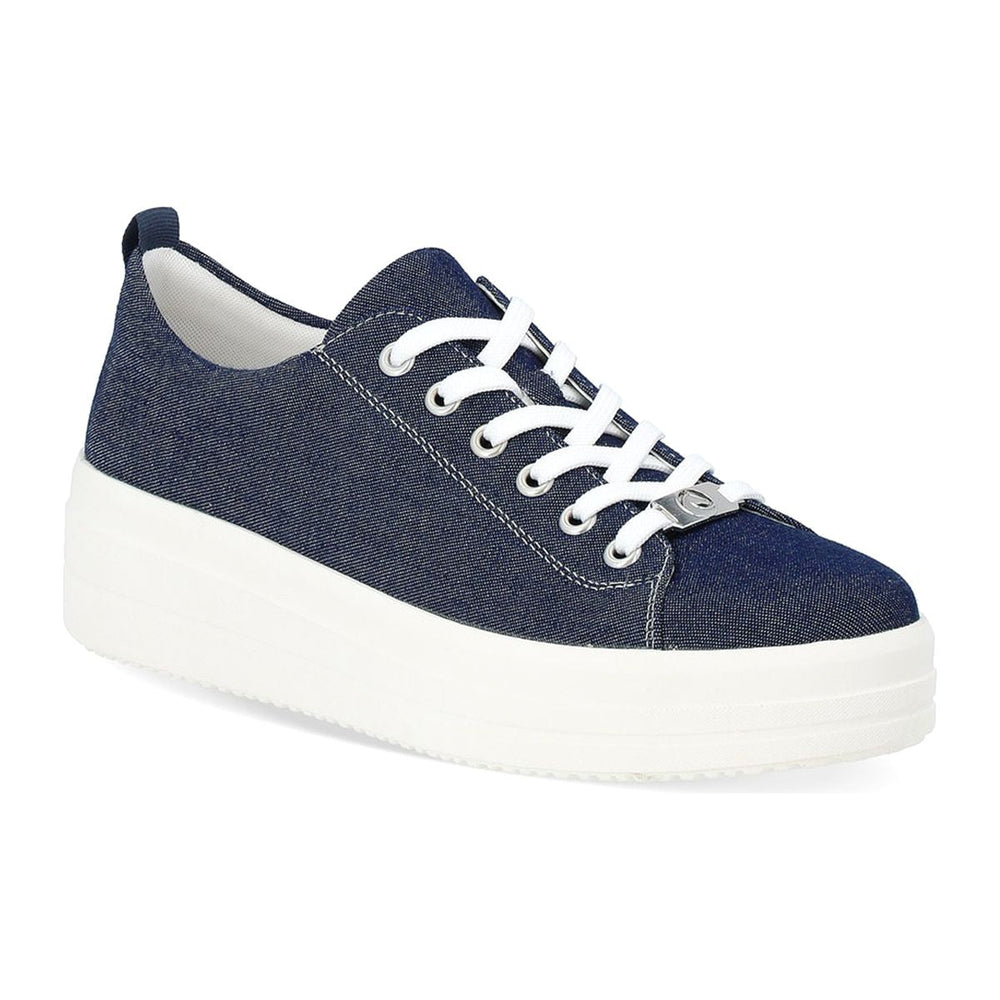 Remonte D1C03 Women's Lace Up Sneaker, low top platform jean pattern sneakers with white lace up closure. Style #D1C03-14
