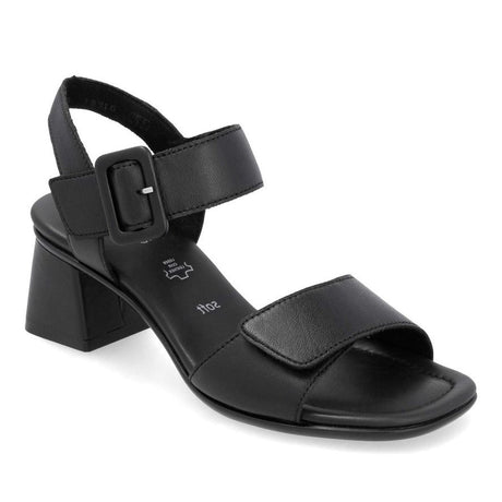 Remonte D1K51 Women's Strap Heel Sandals, block heel sandas in premium smooth black leather, velcro and buckle closure. Style #D1K51-00