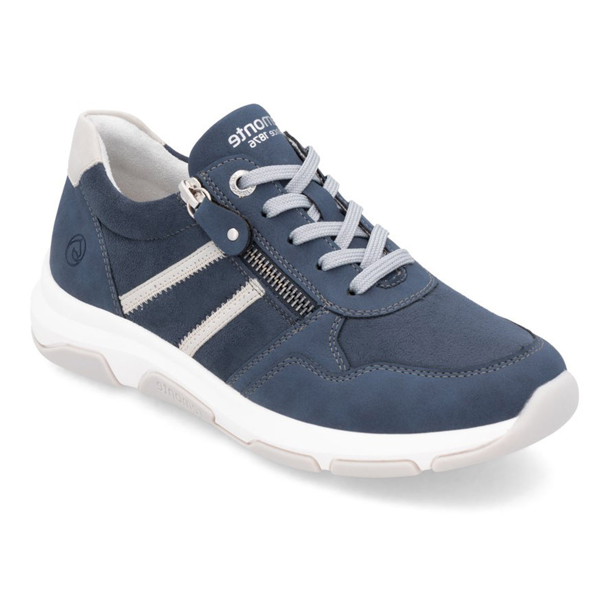 Remonte D1S04 Women's Side Zip Sneaker, soft leather in denim blue with side zipper and front lace up closure for easy on and off. Style #D1S04-14