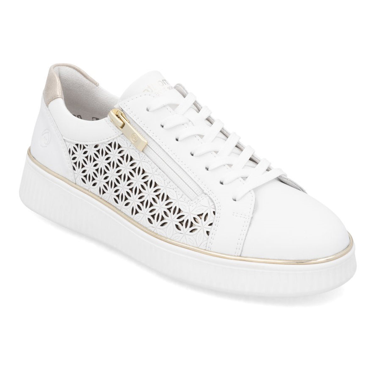 Remonte D2E00 Women's Side Zip Sneaker, Patterned Leather exterior with gold detailing, lace up front and side zipper for easy on and off. Style #D203-80