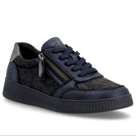 Navy and black textured leather sneaker with laces, side zip closure, metallic trim, and black sole. Style #D2E05-03