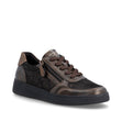 Remonte D2E05 women's brown and black leather sneaker with side zip closure, front laces, and dark rubber sole, Style #D2E05-91