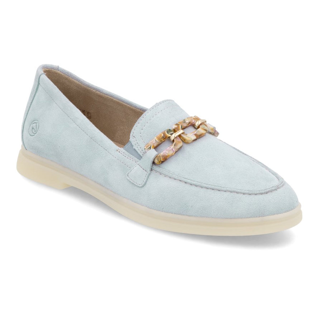 Remonte D2F00 Women's Slip On Loafer, blue suede slip on loafers with gold and colourful chain decoration. All day comfort . Style #D2F00-12