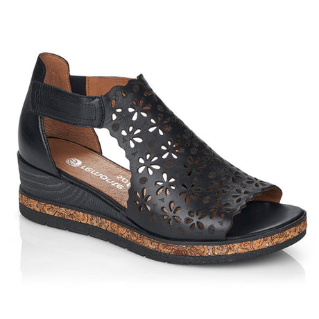 Remonte D3056 Women's Wedge Sandals, wedge sandals, black flower patterned leather with velcro closure. Style #D3056-01