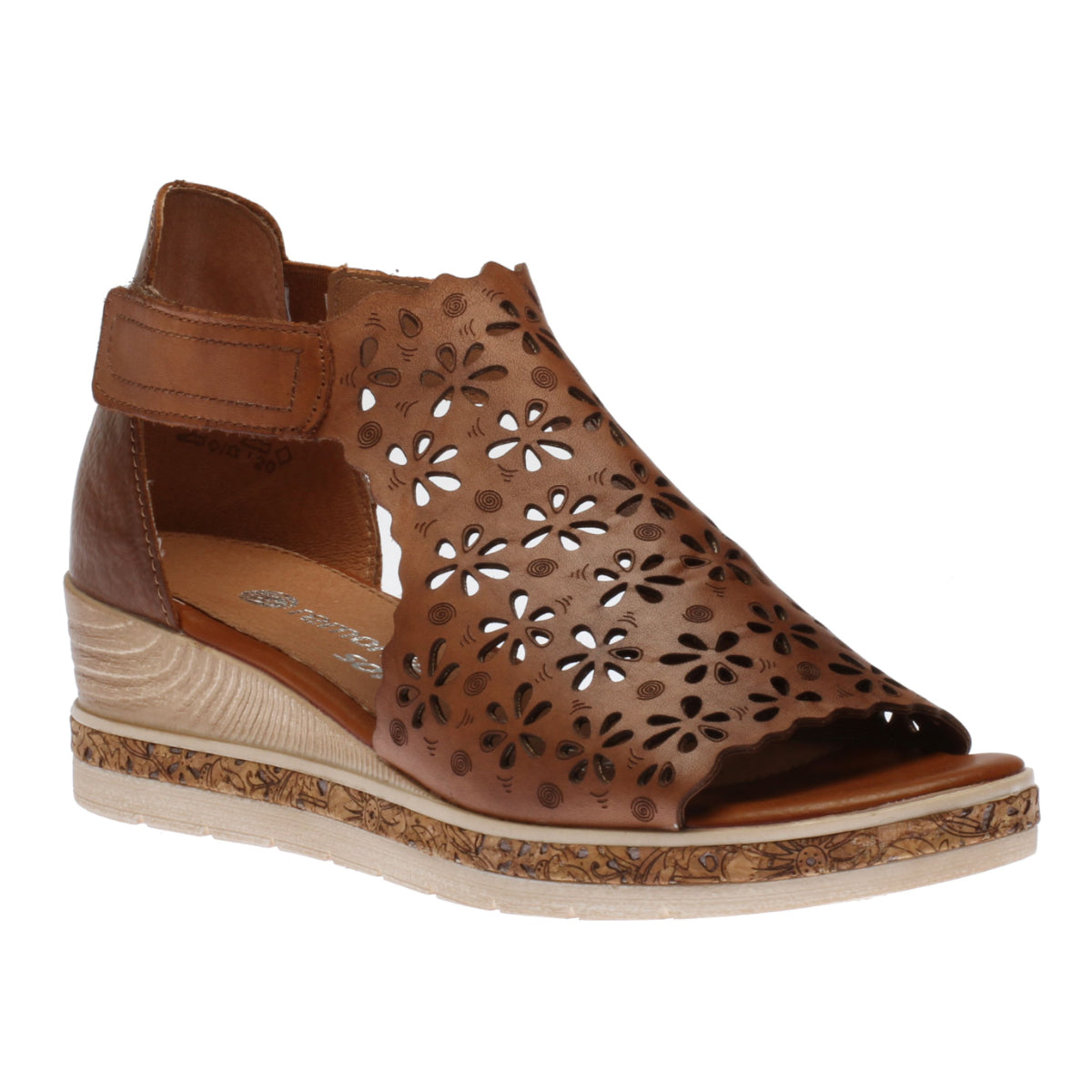 Remonte D3056 Women's Wedge Sandals, brown wedge heel sandals with leather upper flower pattern, velcro strap closure. Style #D3056-01