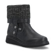 Remonte black leather winter boot with grey knit sweater cuff, decorative side strap buttons, and flexible sole. Style #D3976-03