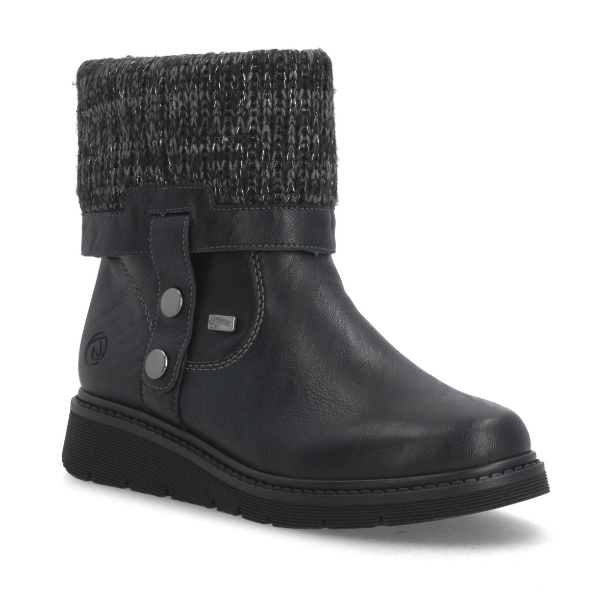 Remonte black leather winter boot with grey knit sweater cuff, decorative side strap buttons, and flexible sole. Style #D3976-03