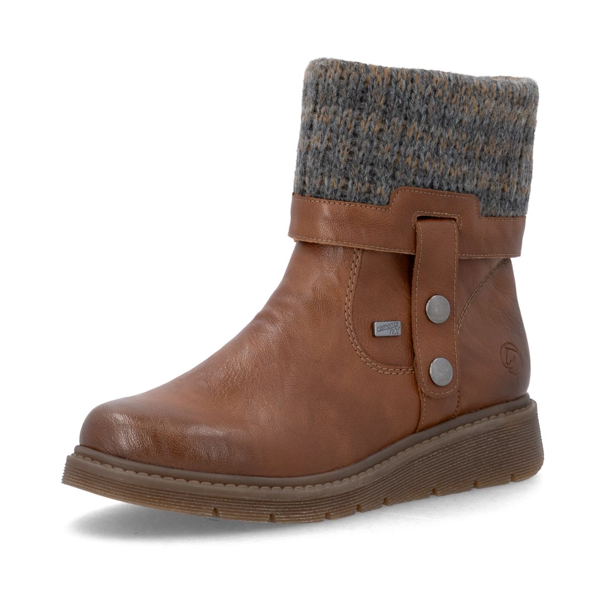 Remonte tan leather winter boot featuring grey knit collar cuff, decorative side strap buttons, and wedge sole. Style #D3976-23