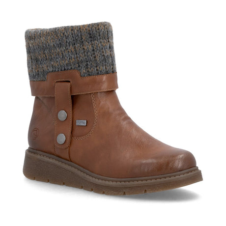 Remonte tan leather winter boot featuring grey knit collar cuff, decorative side strap buttons, and wedge sole. Style #D3976-23