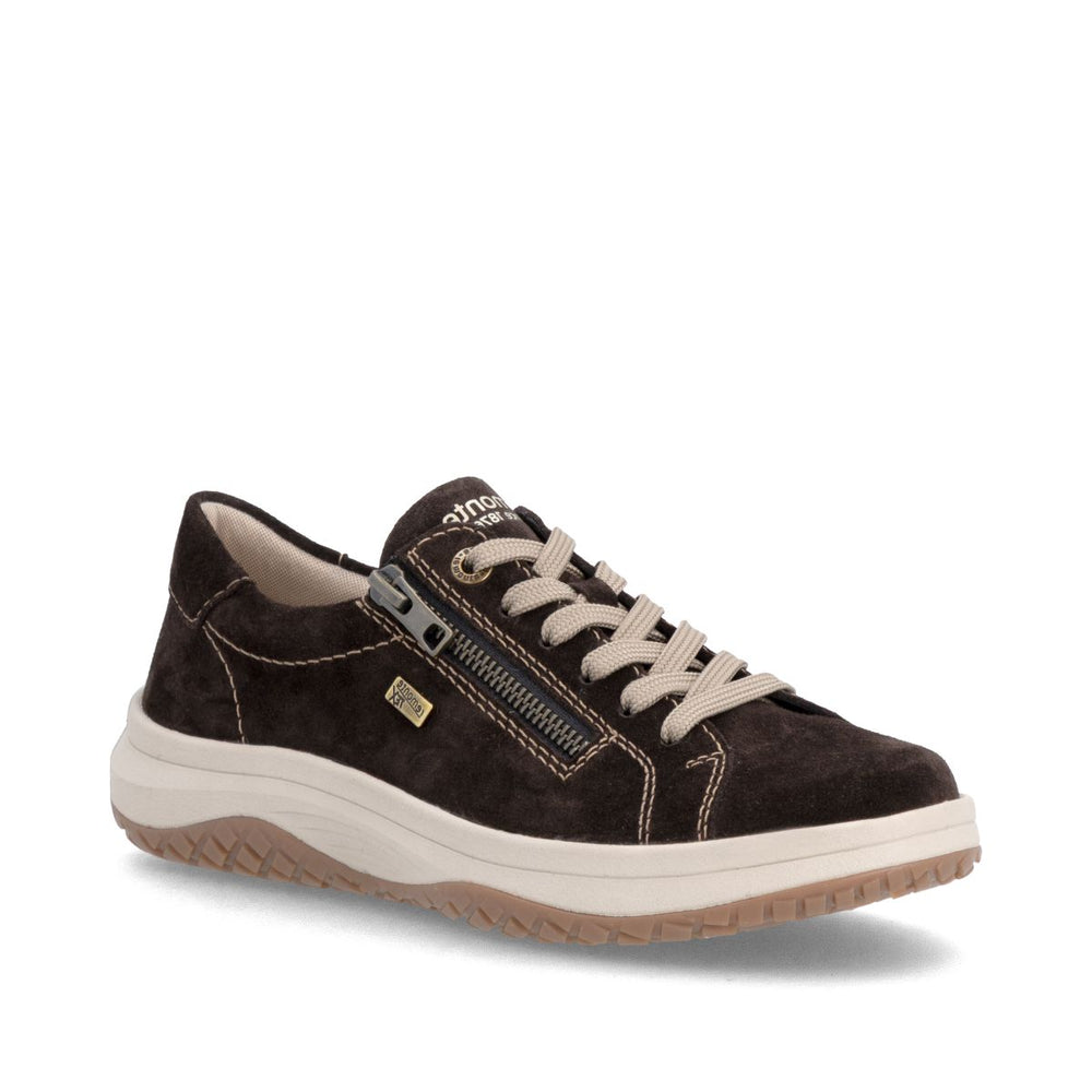 Women's dark brown suede sneaker with contrast laces, side zipper, light midsole, and gum rubber outsole. Style #D3Q00-25