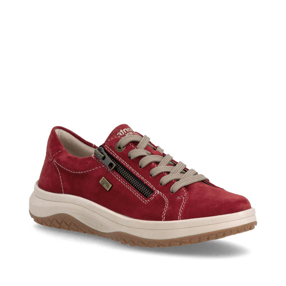 Red suede lace-up sneaker with side zipper, white stitching, beige midsole, and gum outsole. Style # D3Q00-35
