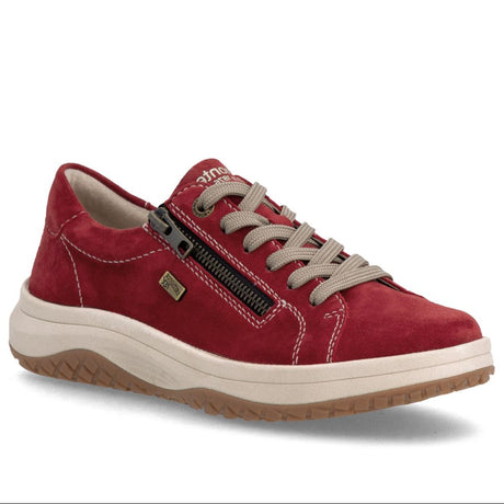 Red suede lace-up sneaker with side zipper, white stitching, beige midsole, and gum outsole. Style # D3Q00-35