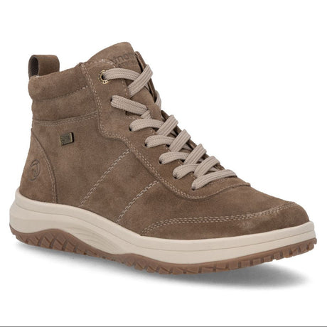 Remonte brown suede lace-up bootie with contrast stitching, rear pull tab, and beige rubber sole. Style #D3Q70-26