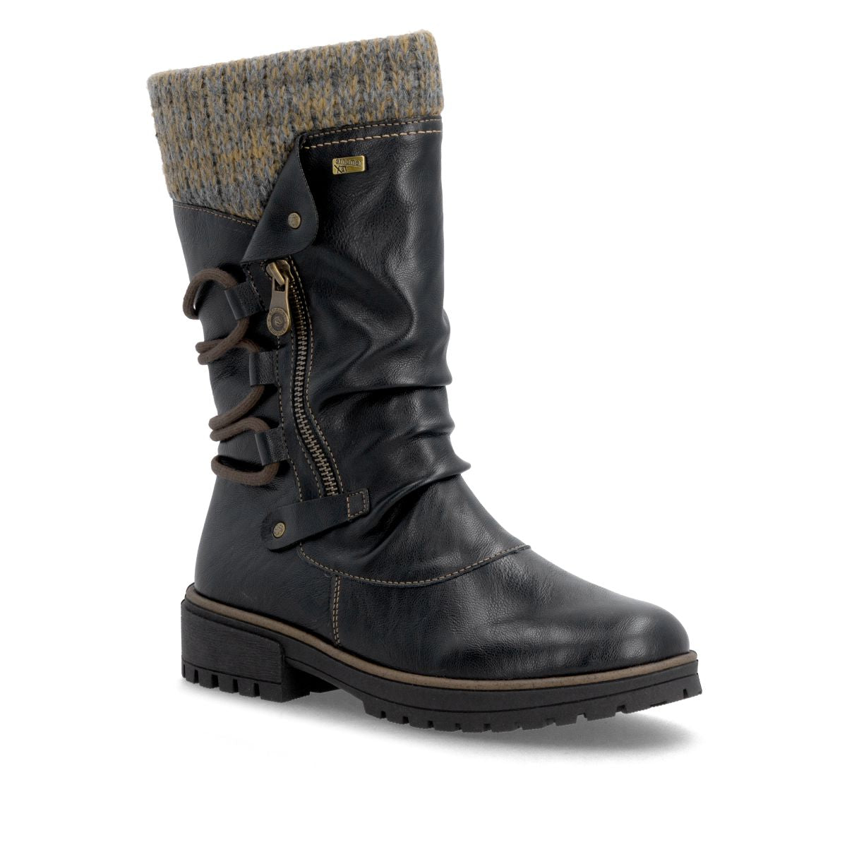 Remonte black mid-height winter boot with grey knit collar, side zip, decorative laces, and lug sole. Style #D3W72-03