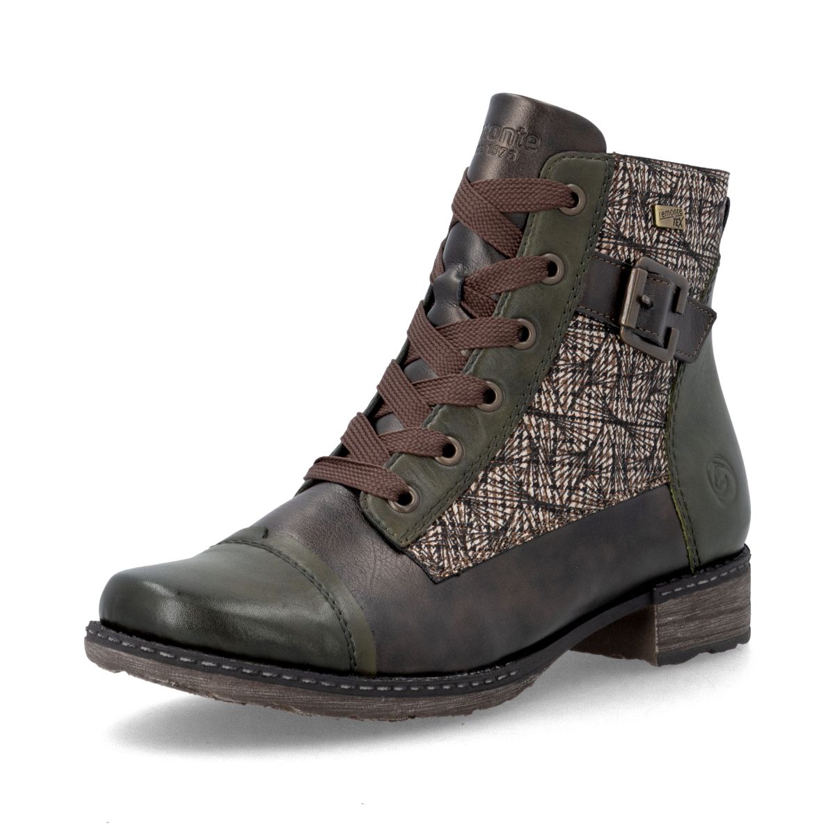 Remonte black mid-height boot with patterned textile side panel, green leather cap toe, side buckle, and brown laces. Style #D4381-52