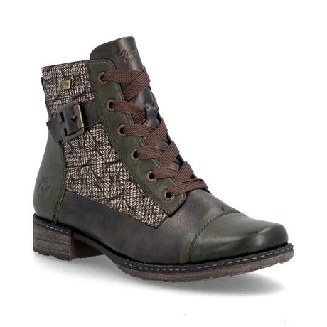Remonte black mid-height boot with patterned textile side panel, green leather cap toe, side buckle, and brown laces. Style #D4381-52