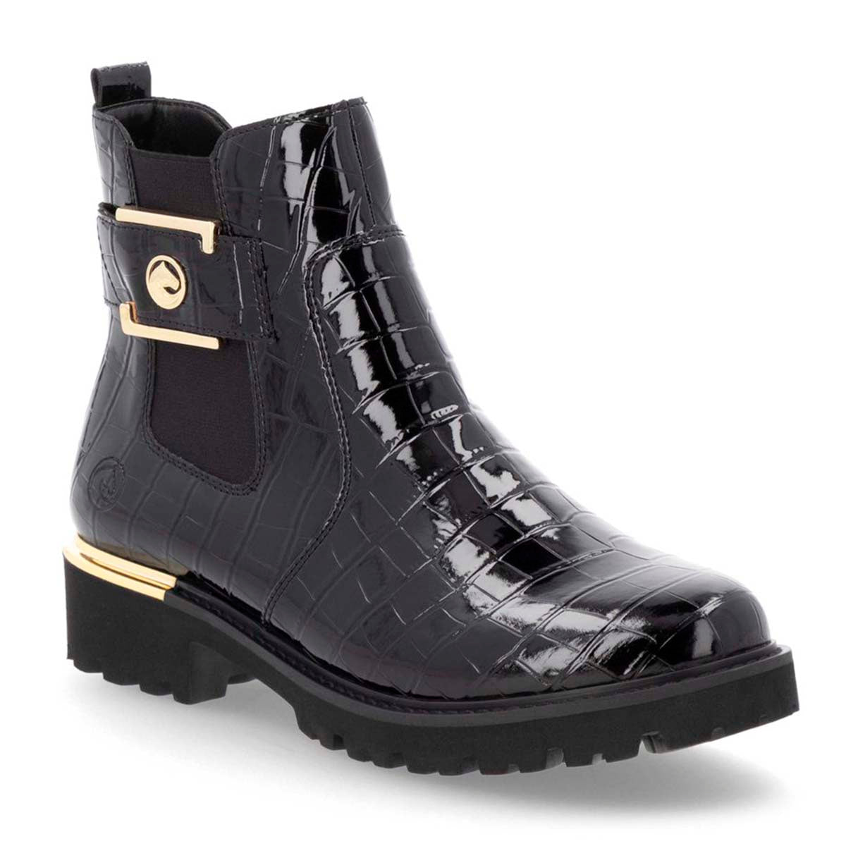Remonte D8684 Women's Patent Ankle Boots, stretchmaterial for easy on and off. Patterned leather alligator print with gold detailing. Style #D8684-03