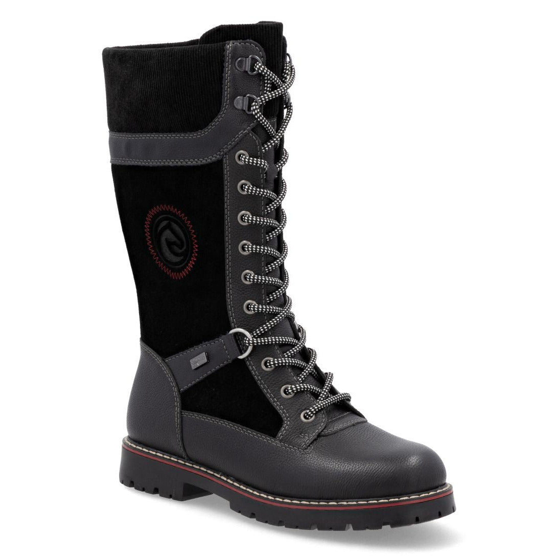 Remonte black high lace-up winter boot with dark grey trim, ribbed collar, patterned laces, and lug sole. Style #D9380-02