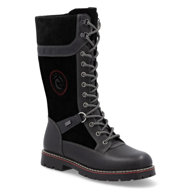 Remonte black high lace-up winter boot with dark grey trim, ribbed collar, patterned laces, and lug sole. Style #D9380-02