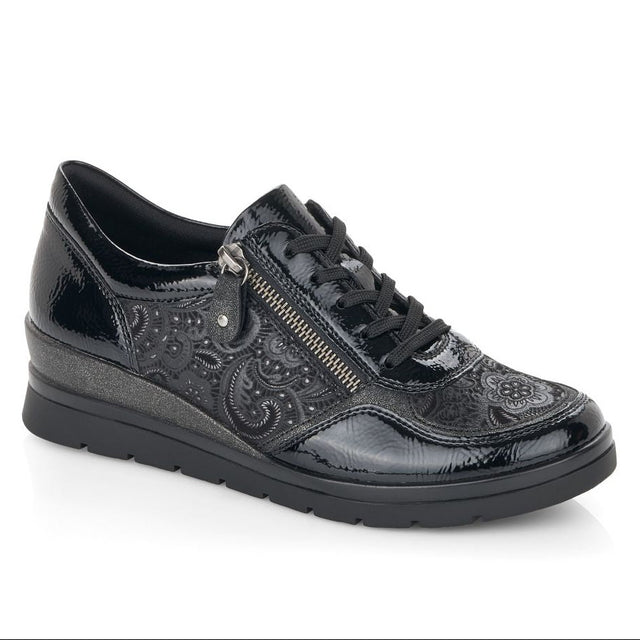 Black patent and embossed floral lace-up sneaker with side zipper and cushioned wedge sole. Style #R0701-03