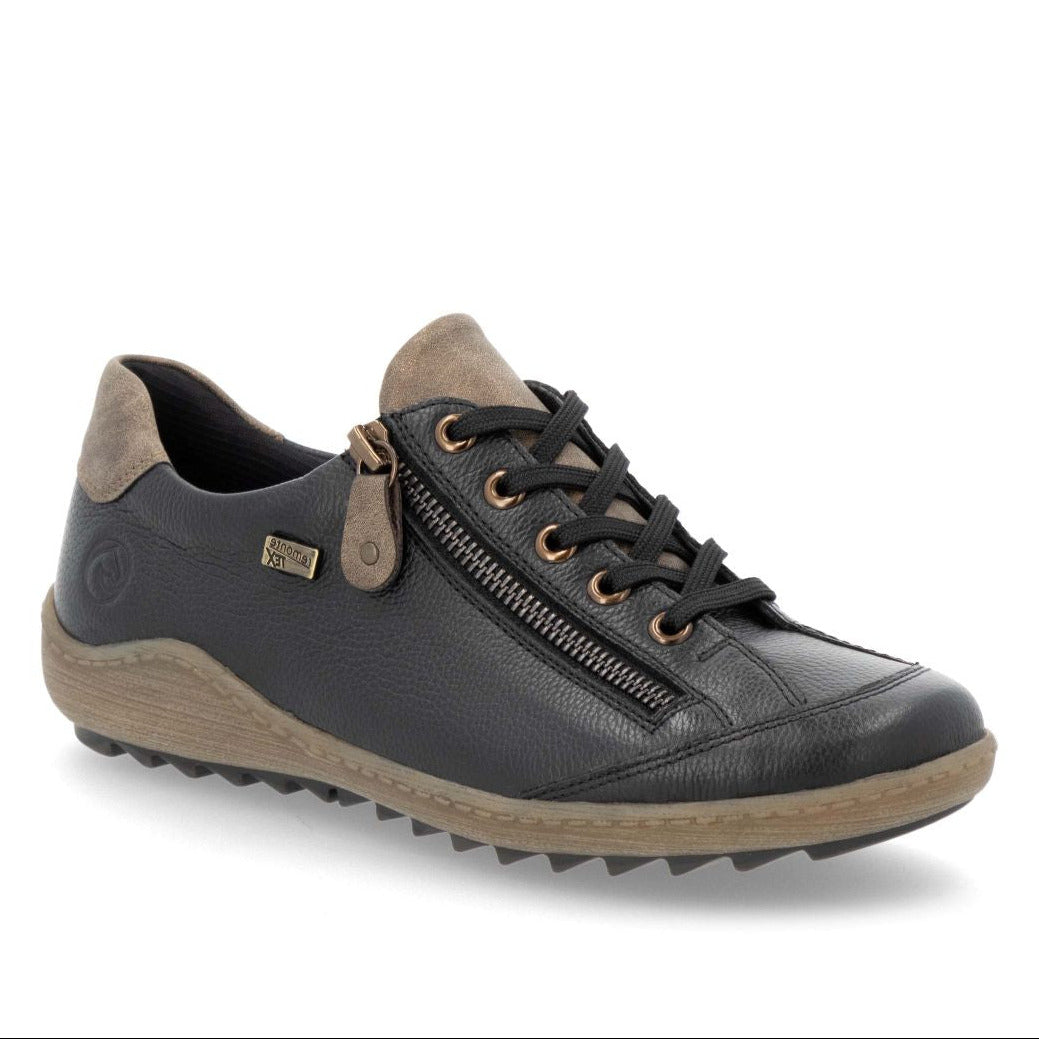 Black leather shoe with brown trim, side zipper, black laces, and textured tan sole. Style #R1402-08