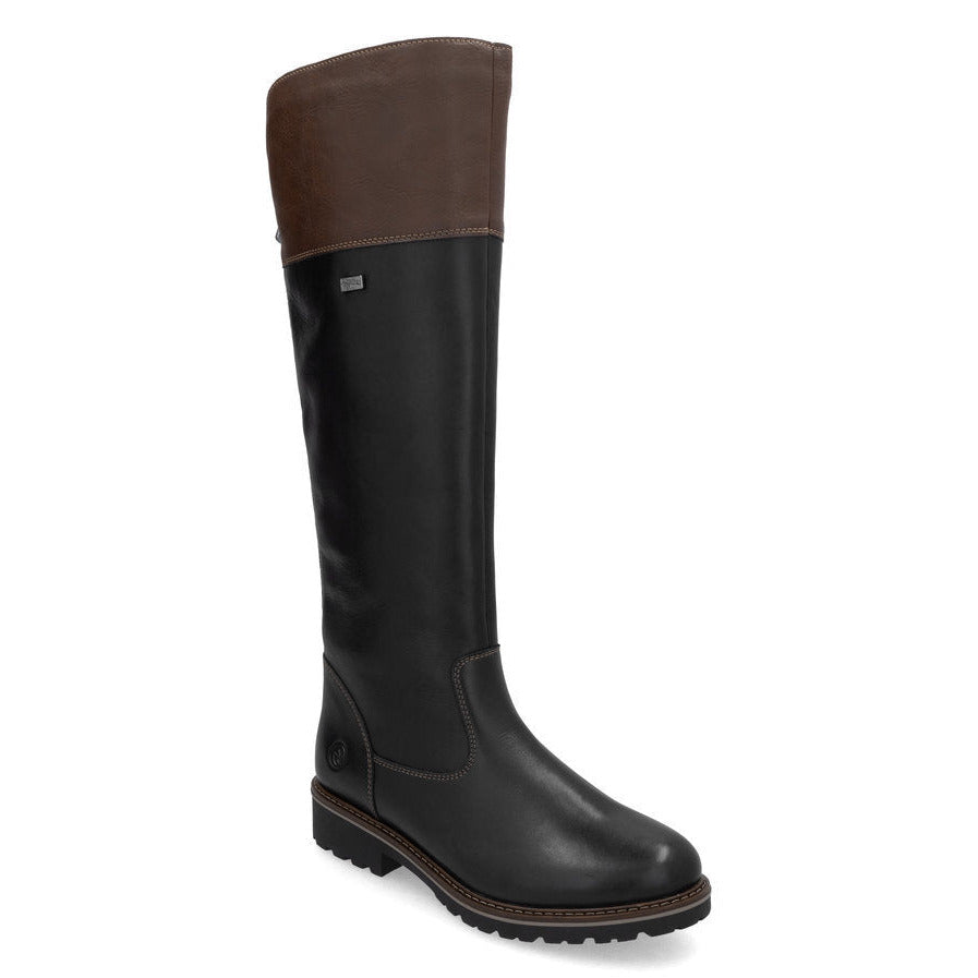 Remonte R5172 black leather ankle boot with a low block heel, side zipper, and embossed croc detail on the back and side panel. R6581-02