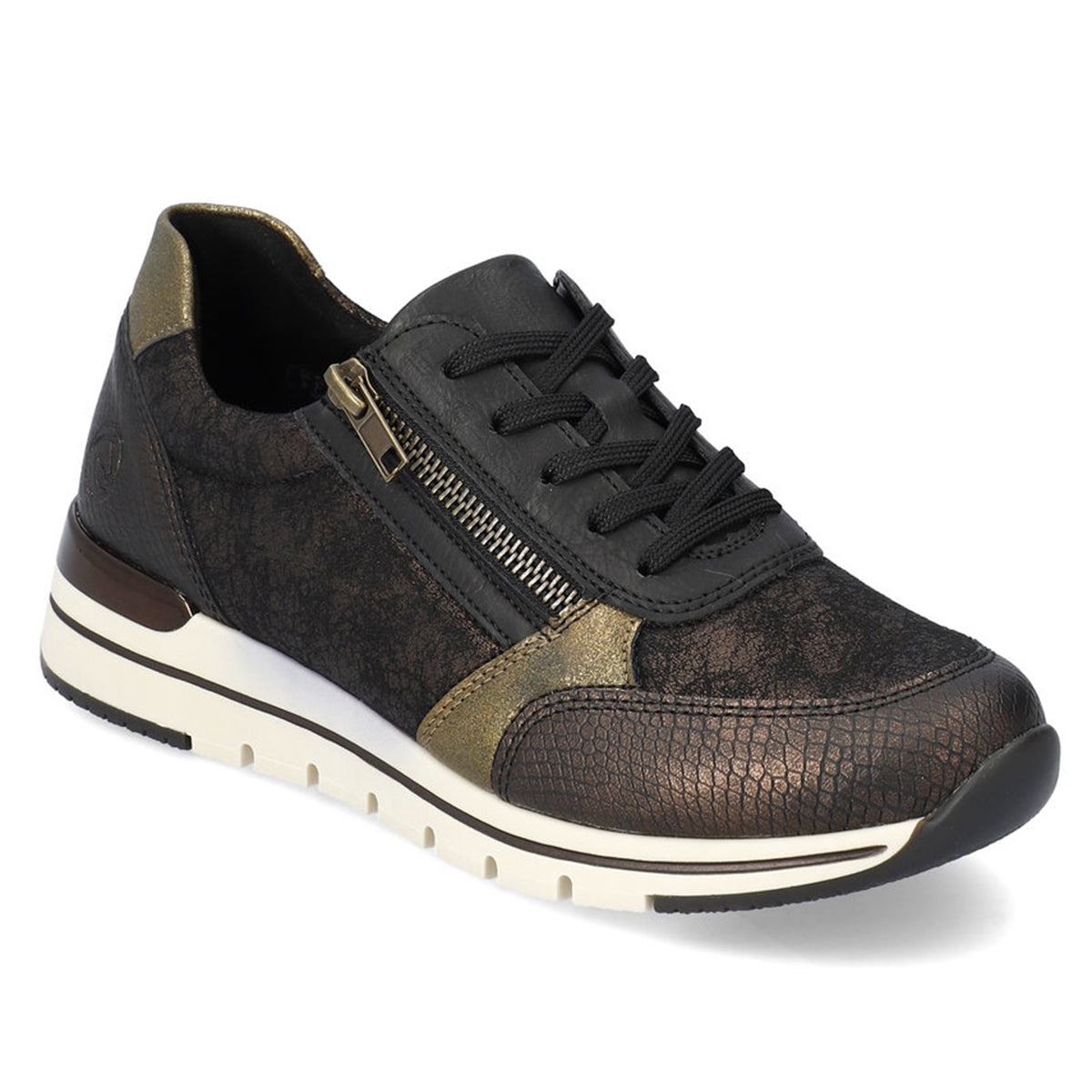 Remonte R6700 Women's Zip Sneaker, reptile pattern leather. Gold accents with side zipper and lace closure for easy on and off. Style #R6700-90