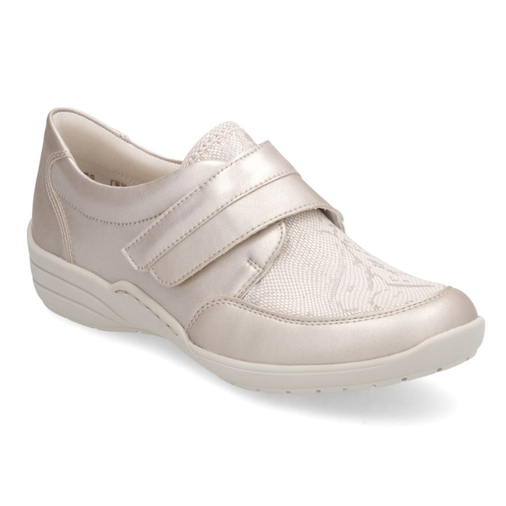 Remonte R7600 Women's Slip On Shoe in Champagne, patterned leather with velcro strap for easy on and off. All day wear. Style #R760092
