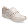 Remonte R7600 Women's Slip On Shoe in Champagne, patterned leather with velcro strap for easy on and off. All day wear. Style #R760092