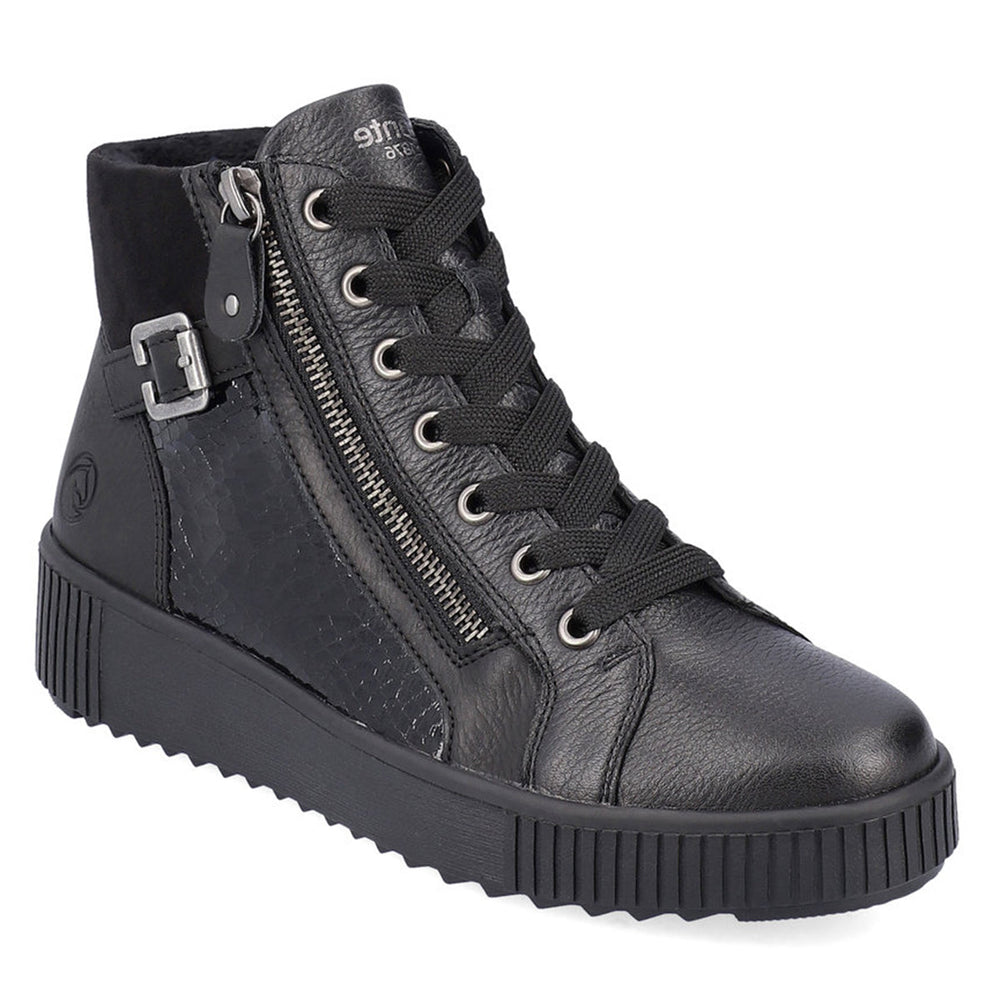 Remonte R7997 Women's Lace Up Boots, black pattern leather boots with side zipper, lace up closure and decorative buckle. Style #R7997-01