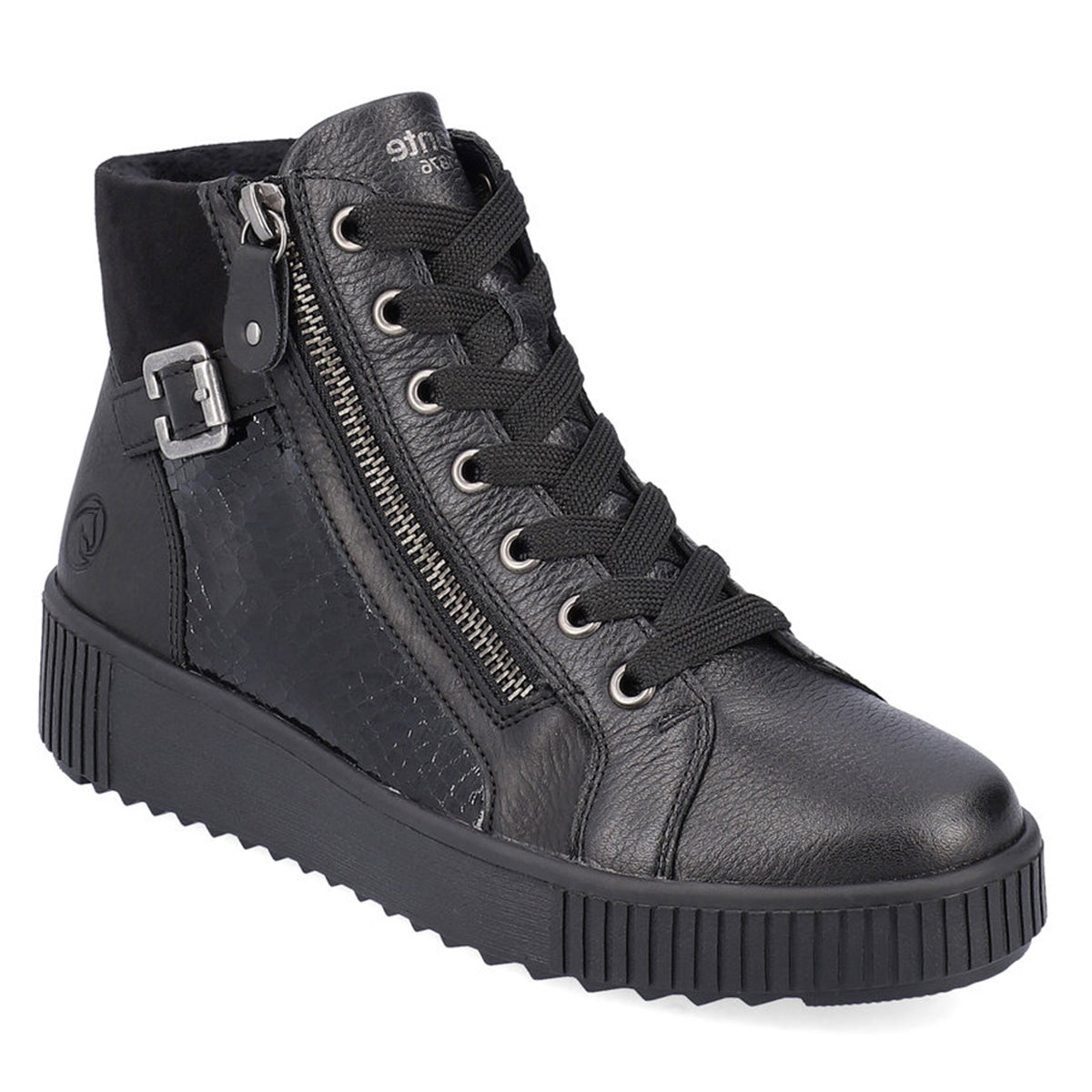 Remonte R7997 Women's Lace Up Boots, black pattern leather boots with side zipper, lace up closure and decorative buckle. Style #R7997-01