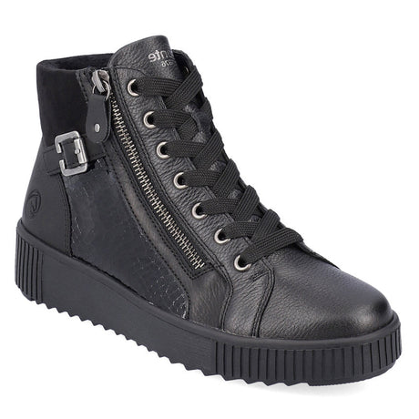 Remonte R7997 Women's Lace Up Boots, black pattern leather boots with side zipper, lace up closure and decorative buckle. Style #R7997-01