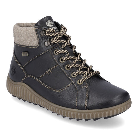Remonte R8276 Women's Lace Up Boots, waterproof leather boots with decorative tan stitching. Comfortable all day wear + insulation for winter. Style #R7997-01