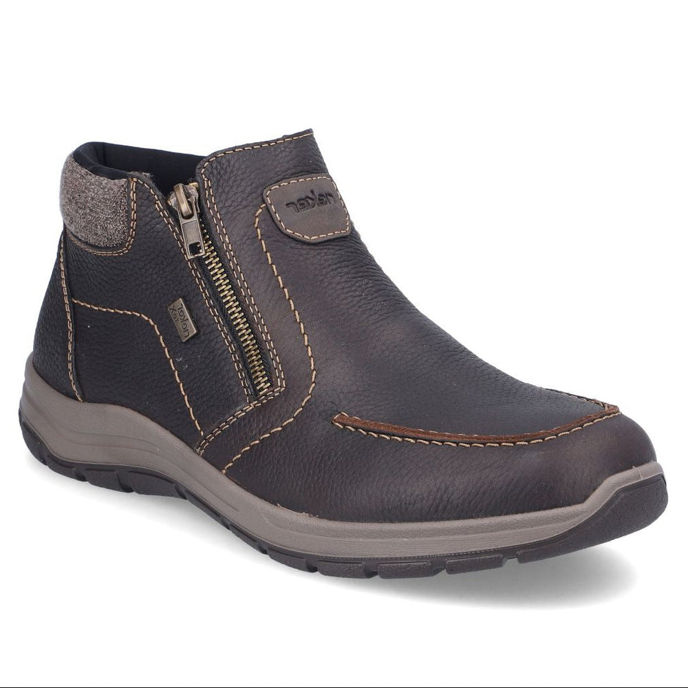 Rieker brown leather zip ankle boot with contrast stitching, padded collar, and flexible traction sole. Style #03660-25