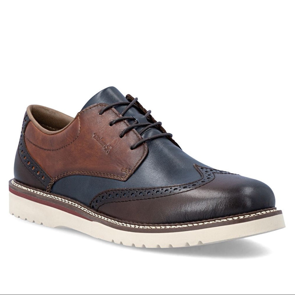 Men's blue and brown leather wingtip oxford shoe with lace closure and thick white outsole. Style #04504-25