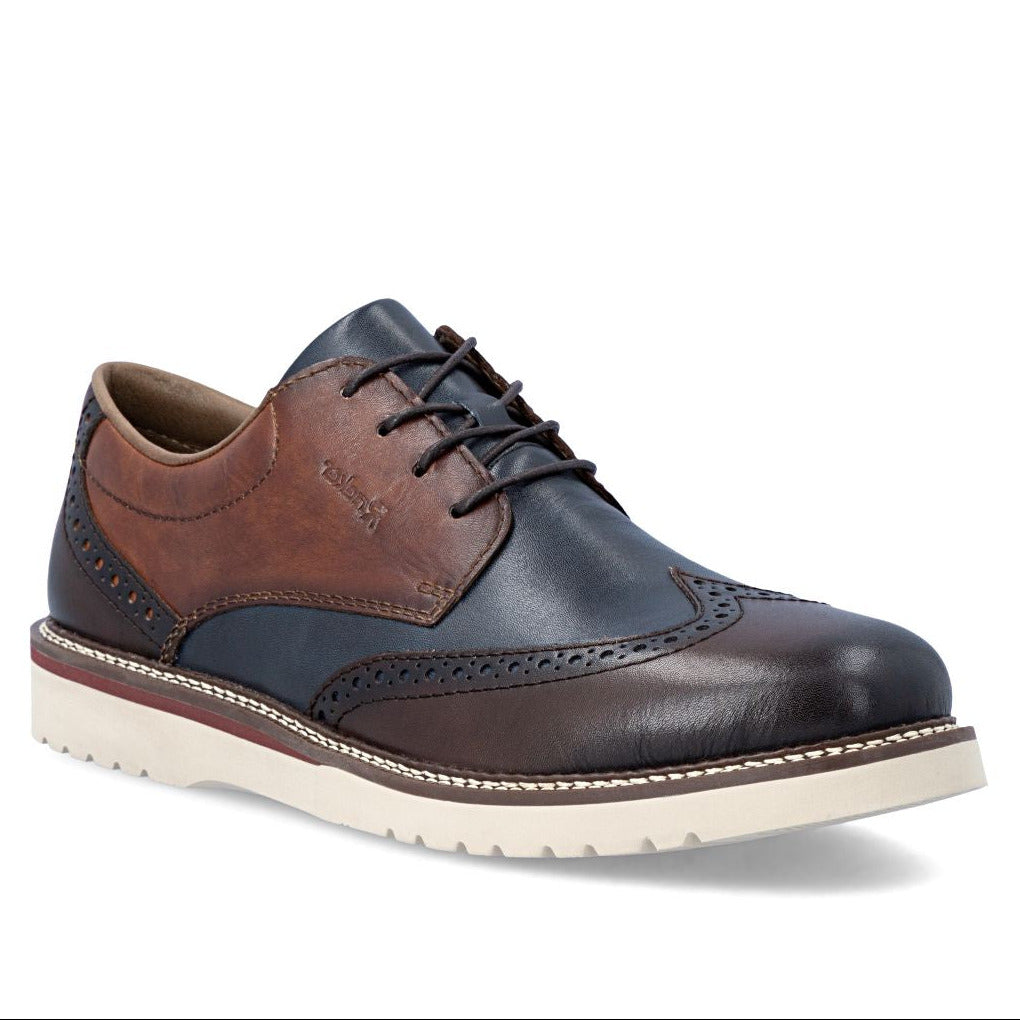 Men's blue and brown leather wingtip oxford shoe with lace closure and thick white outsole. Style #04504-25